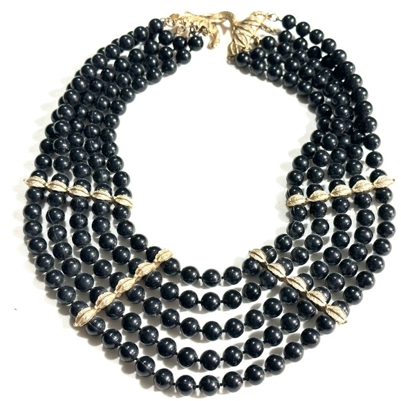 Jewelry - Vintage Black Beaded 5 Row Collar Necklace Gold Tone Accents Hook Close